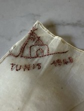 WWII Era 1943 Tunis Tunisia Embroidered Hankie Souvenir Handkerchief 8x8