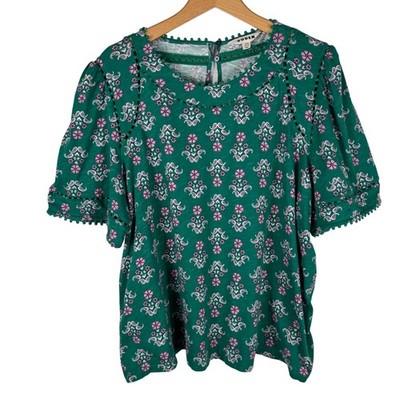 Boden Mila Trim Detail Top Womens 20-22 Green Pink Floral Paisley Puff Sleeve