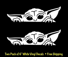 Baby Yoda Peeking Two 6" White Vinyl Decals Car Truck Window laptop tablet