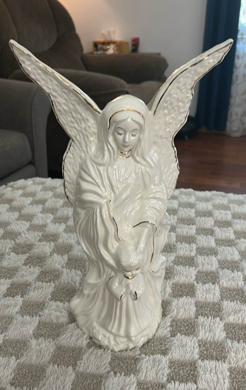 White & Gold Glazed Ceramic Angel Figurine with Wings