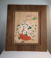 Vintage MCM Basket Of Daisies Crewel Embroidery Antique Barn Wood Frame 23x20x1
