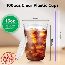 Etersky 100pk 16oz Clear Plastic Cups Lids Straws To Go Coffee Juice