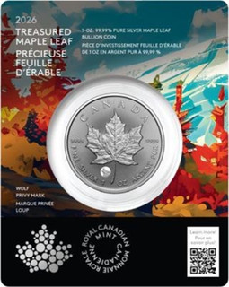 2026 Kanada 5 $ Treasured Maple Leaf Privy Wolf in Coincard 1oz Silber 999 BU
