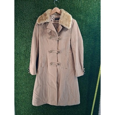 Varci Young Italy Wool Coat Tan S/M Faux Fur Collar Quilted Lining Vintage Mod