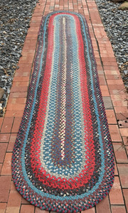ANTIQUE RUNNER BRAIDED WOVEN 146” L * 32" W RAG RUG HALLWAY FARMHOUSE RED BLUE