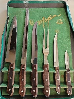 Maxam Stainless Steel Kitchen Knives Vintage Japan Carving 6 Piece Set Wood Hand
