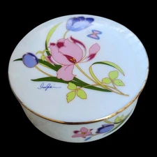Vintage Hand Painted Round Trinket Dish Floral Japan