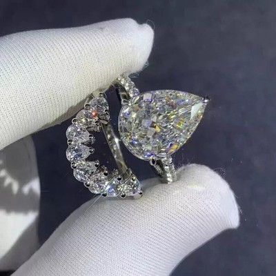 3.50 Ctw Pear-Cut Real Moissanite Bridal Wedding Band Ring 14K White Gold Plated