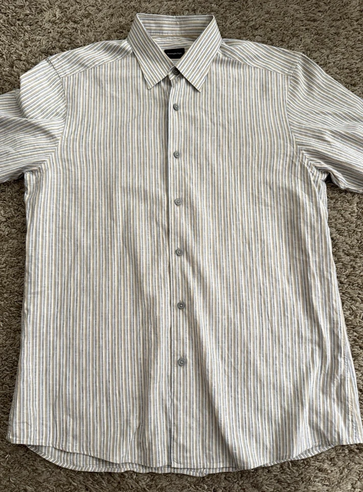 Ermenegildo Zegna Recent Dress Shirt Men's Large 16.5" Linen-Blend Beige Striped - Image 4 of 4