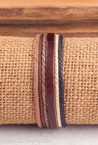 Men's Surfer Style Bracelet - 6-Band Hemp & Leather Wristband Cuff (Brown, 8.5")