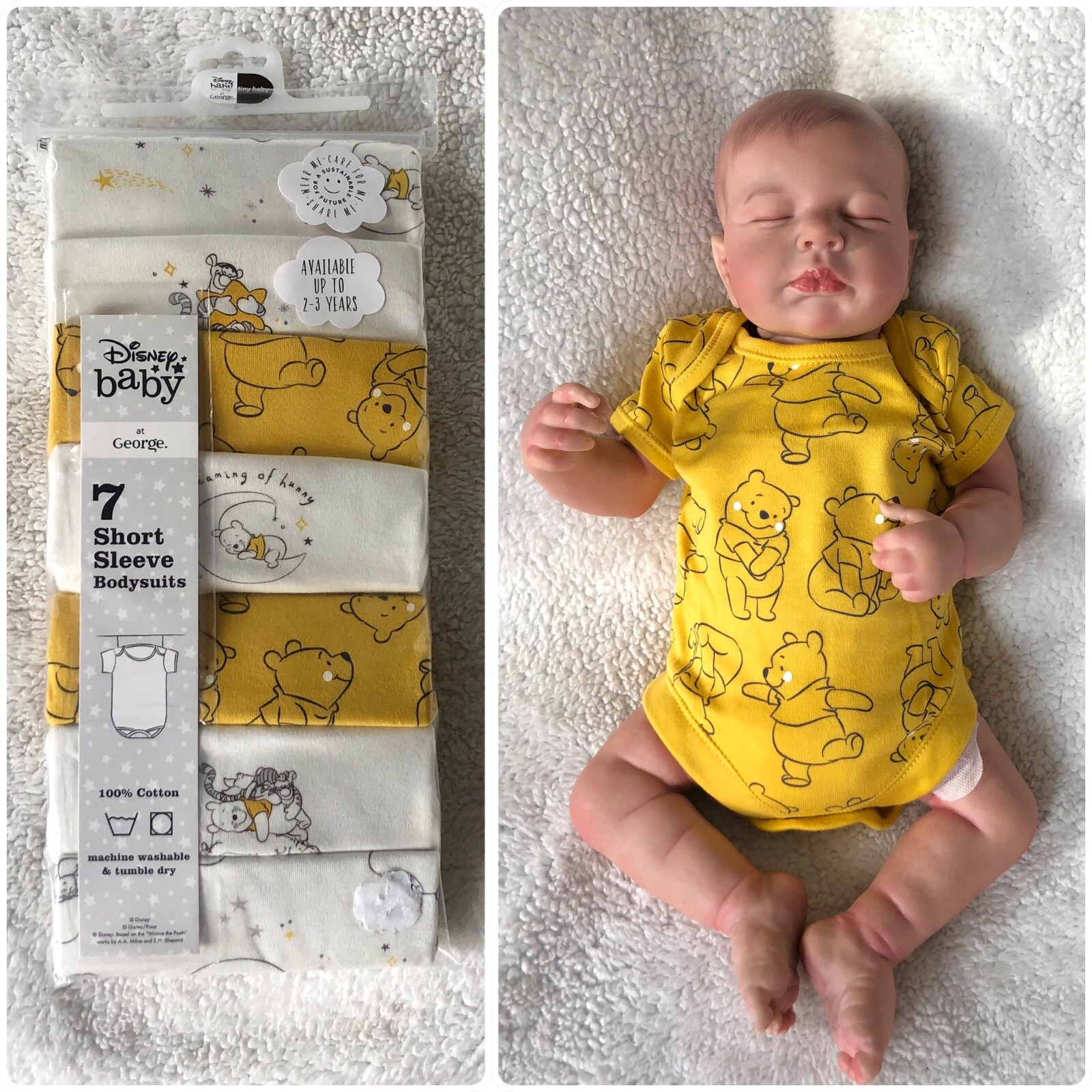 Disney Baby Winnie The Pooh 🍯 Bodysuits 7 Pack Tiny Baby/Premature/Reborn Doll