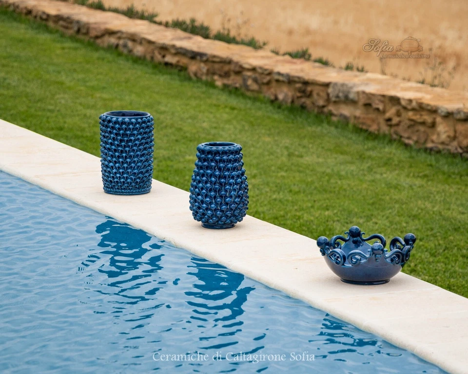 Zapfen Sizilien Vase Fass Blumen Keramisch Kunsthandwerk Ornament Türkis - Bild 3 von 4