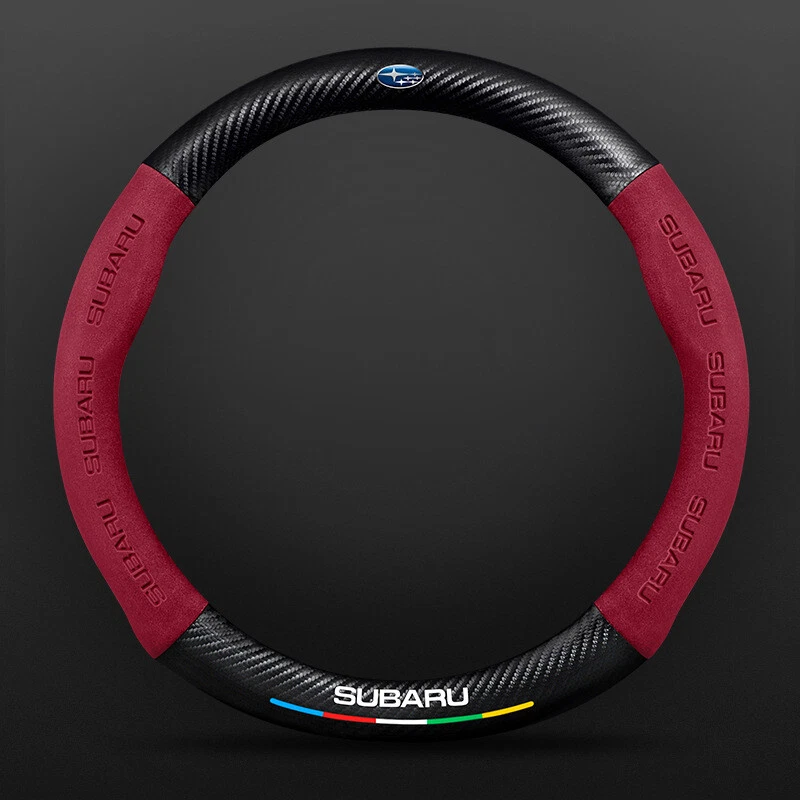 15"/38cm Wine Red Suede Leather Carbon Fiber Car Steering Wheel Cover For Subaru Foto 2 de 2