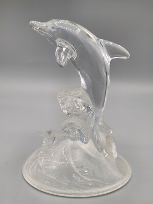 Clear 6 Inch Art Glass Fine Art Sculpture Dolphin in Waves Figurine Paperweight