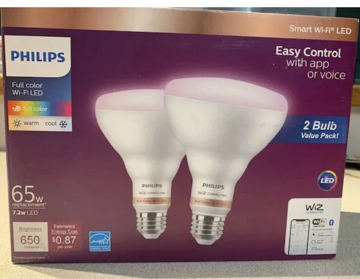 Philips WiZ Connected Full Color SMART Wi Fi LED 65W Replacement BR30 2 Pack