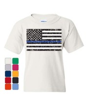 American Flag Thin Blue Line Youth T-Shirt Police USA Law Enforcement Kids Tee