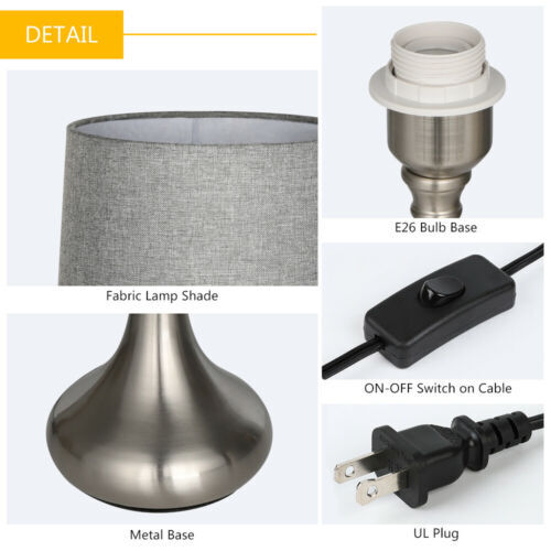 Set of 2 Modern Bedside Table Lamps with Gray Fabric Shade for Bedroom, Office