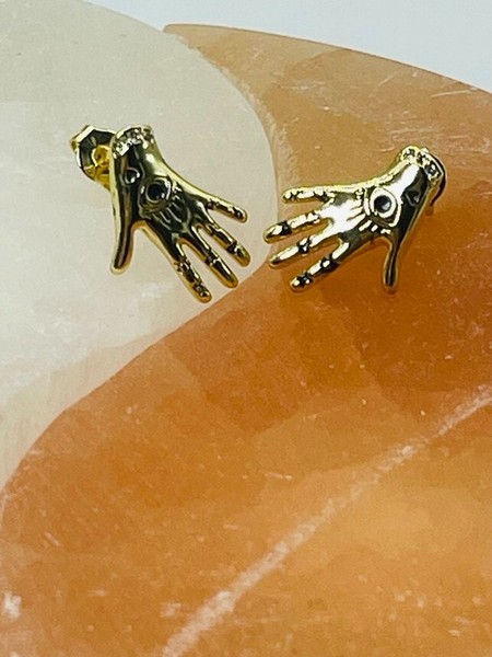 Alternate view of Stud Evil Eye Minimalist Earrings Fancy Hand Cubic Earrings Gold Plated