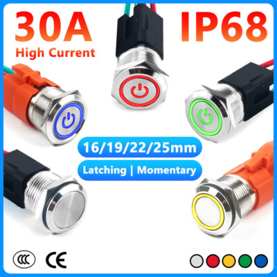 16/19/22/25mm LED Push Button Switch Momentary Latching On/Off Waterproof Metal