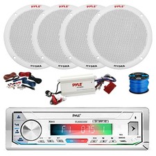 Pyle BT Marine Receiver, BT Amp w/Kit, 4X 6.5" 400W Speakers White w/ Wire