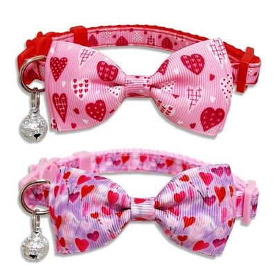 Valentine Bow Tie Cat Collar Set with Bell, Holiday Let's kiss Pink Heart Cat...