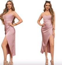 BRUNELLA Red Satin Ruched Strappy Cowl Neck Midi Bodycon Dress S