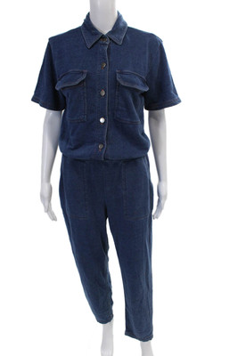Monrow Womens Short Sleeves Button Down Jumpsuit Blue Cotton Size Small