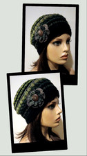 crochet womans handmade flower hat beanie green brown tones puffs new