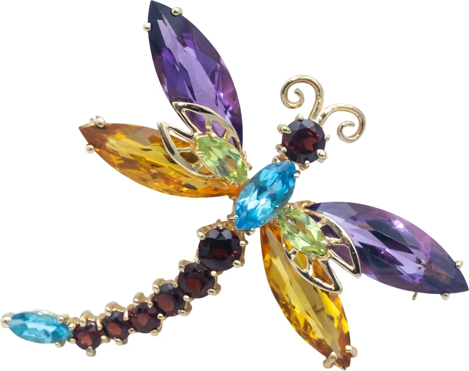 14k Yellow Gold 13.0CT Assorted Gemstone Dragonfly Brooch Pin