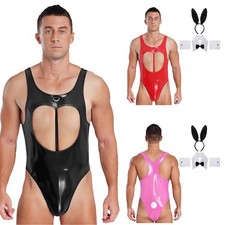 Mens Bodysuit Leotards Catsuits 4 Pieces Jumpsuit Shiny Nightwear Vest Romper