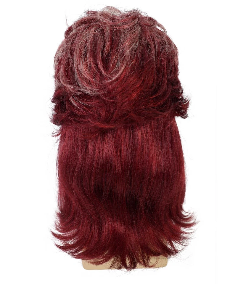 Peluca de vino borgoña en capas largas retro años 80 para hombre adulto | HM-1849 Foto 4 de 4
