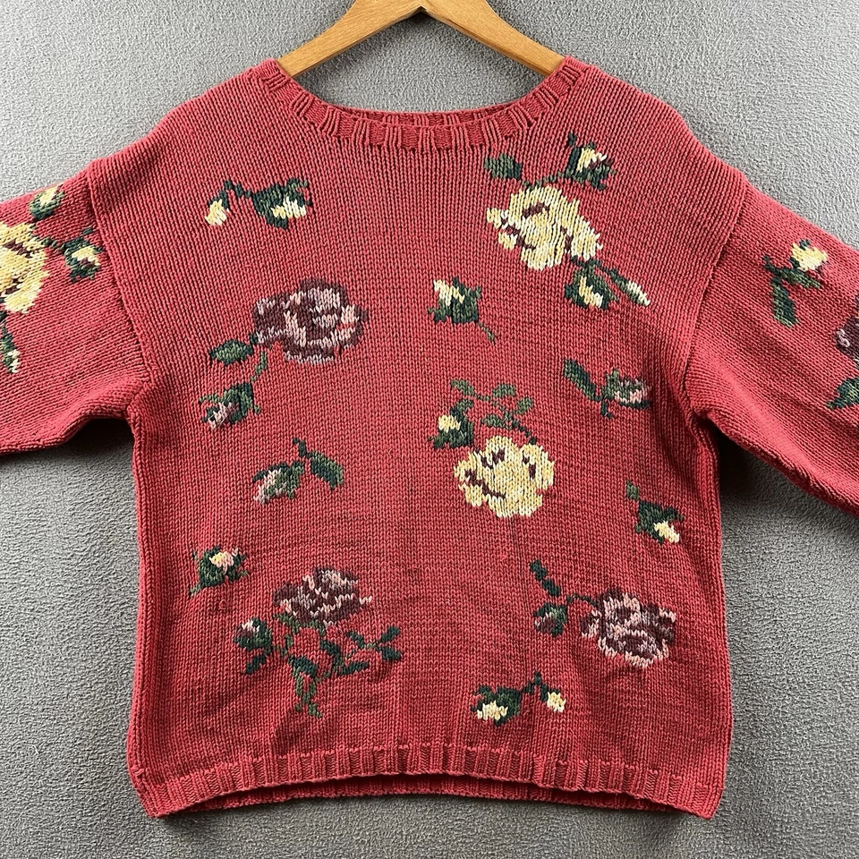 Vintage Eddie Bauer Sweater Women’s Large Red Chunky Knit Floral Cotton 90s - Image 4 of 4