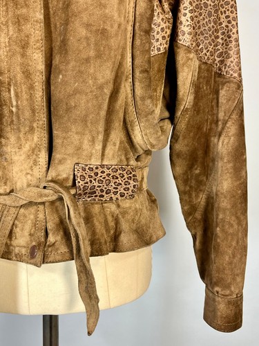 Vintage 1980's tawny tan brown suede and animal print-textured leather jacket M - Picture 10 of 11
