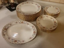 Set/29pc 1930s POPE-GOSSER Flora Bell #3173 Pink Rose Design Scallop Gold Edges