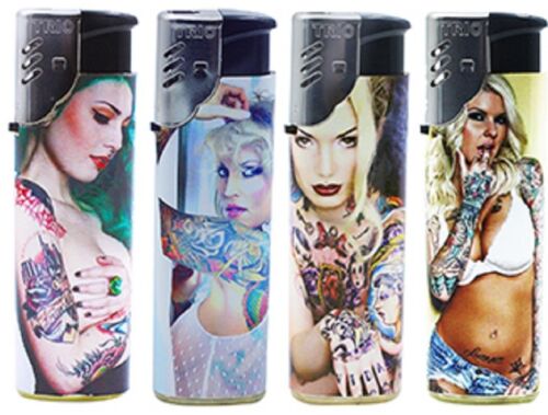 Trio-Y161C-tattoo-girl-gas-refillable-large-lighters-lot-of-five-assorted-wind