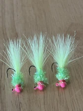 Three hand tied 1/32 crappie and bluegill jigs