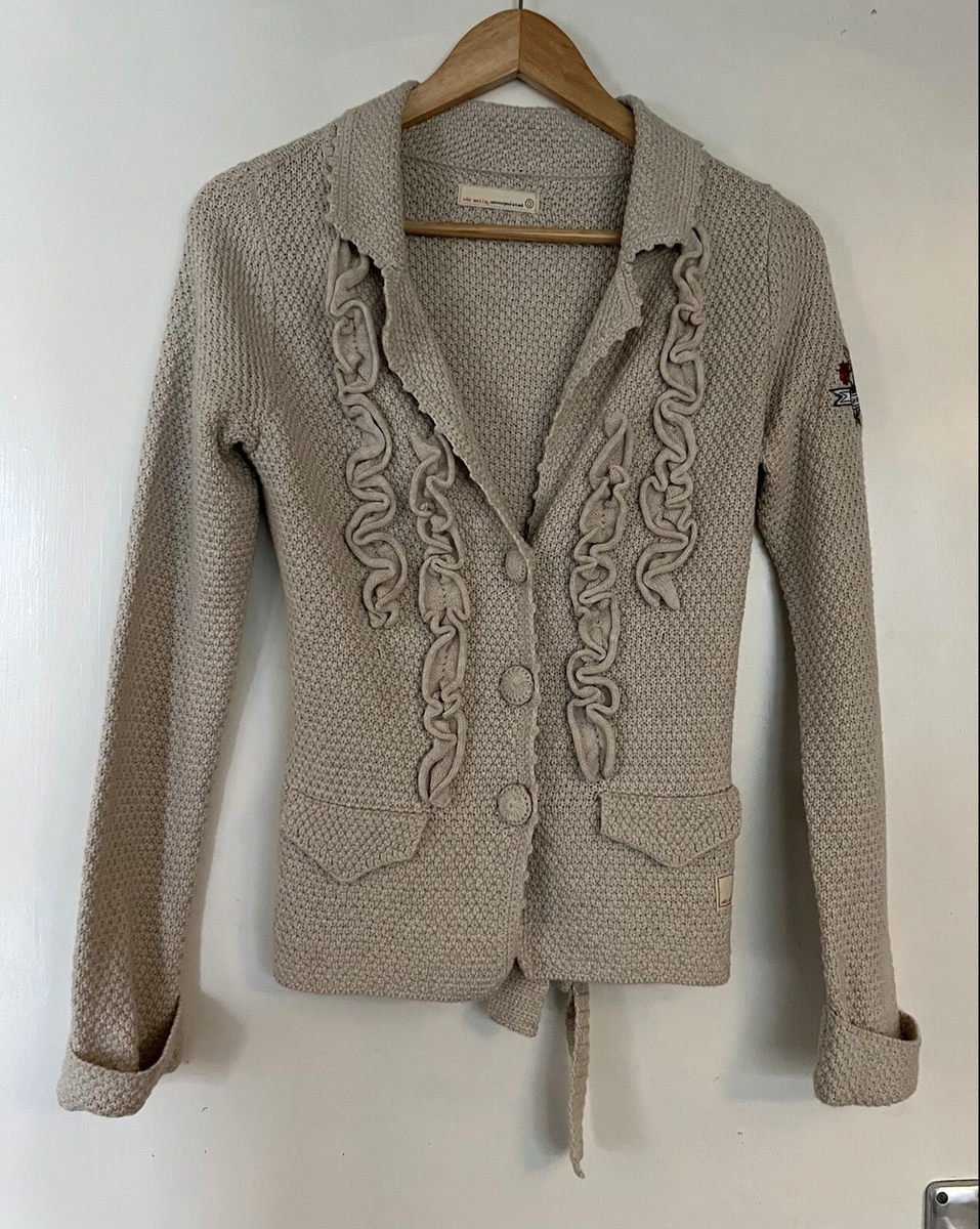Odd Molly 506 Beige Cardigan Size O Ruffles Embroidery Tie Cotton Knit