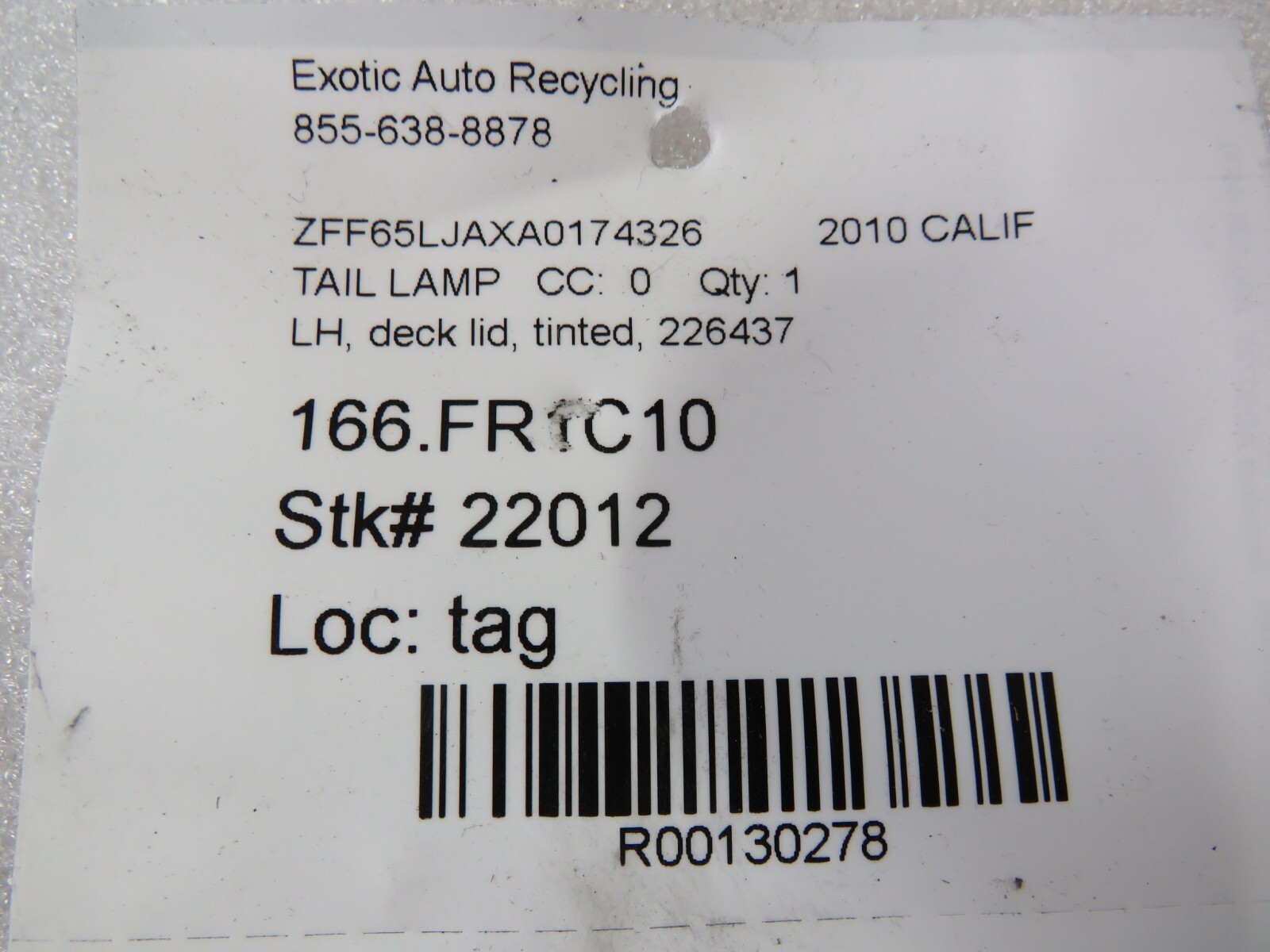Ferrari California, LH, Deck Lid Tail Light / Lamp, Tinted, Used, P/N 226437