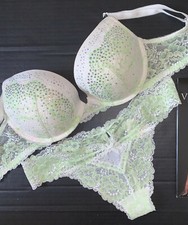 Victoria's Secret 32DD,34D BRA SET M thong GREEN white crystallized DREAM ANGELS