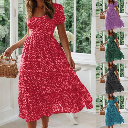 Short Sleeve Beach Dress Boho Dress Sundress Midi Dress Floral Holiday  Fashion | eBay