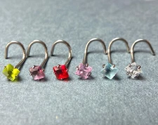 1pc Surgical Steel Nose Screw Ring w/Square Prong Set Gem 18g, 20g- choose color