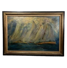 SIGNED YACHT RACING VINTAGE SEASCAPE MID CENTURY ART DECO SAILING OIL PAINTING