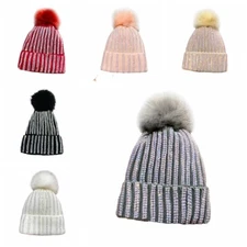 Lady Bling Glitter Rhinestone Knit Beanie Hat with Faux Fur Pompom Warm Cap Cute