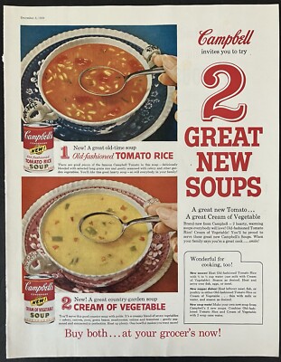 1959 Campbell's 2 Great New Soups Tomato Rice Cream of Vegetable Vtg Print Ad