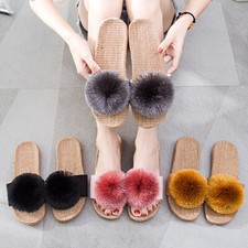 Women Summer Sandal Slippers Shoes Pom Linen Blend Non-slip Home Casual
