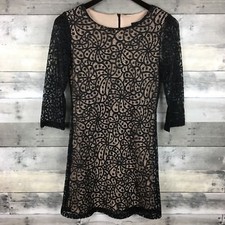 MNG Suit Mango Black Floral Lace Overlay Dress Size 2 US Beige Lining 3/4 Sleeve