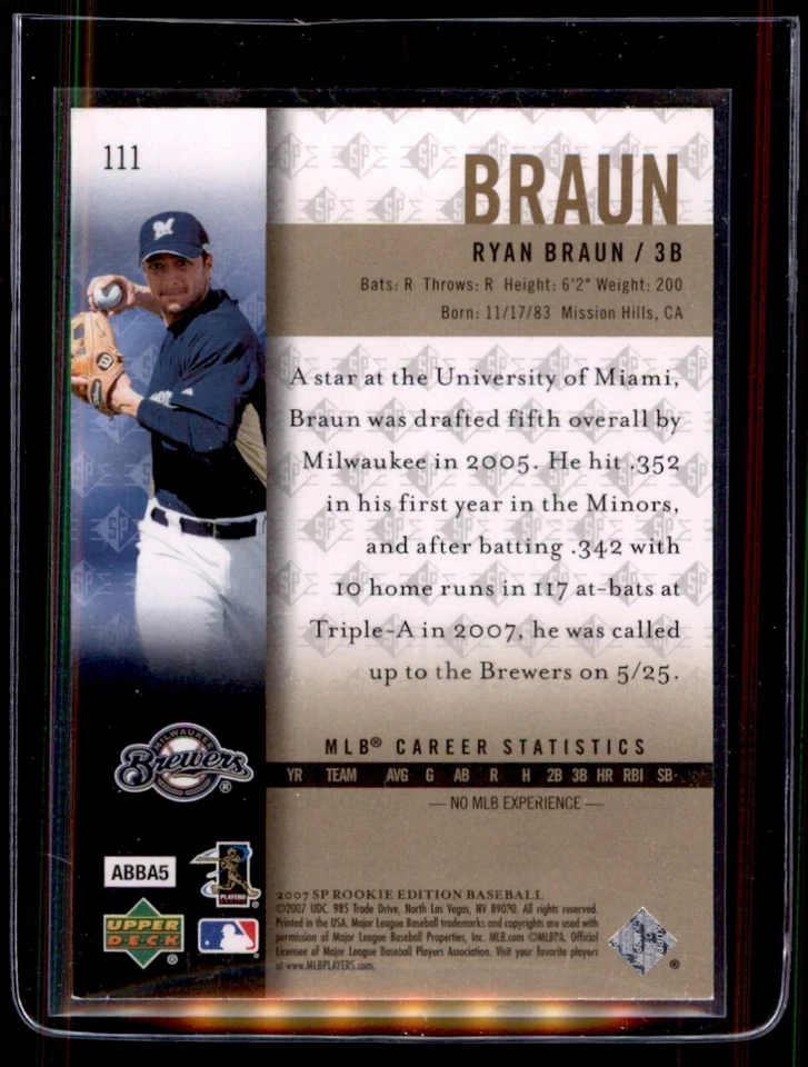 2007 SP Rookie Edition #111 Ryan Braun (RC) - Image 2 of 2