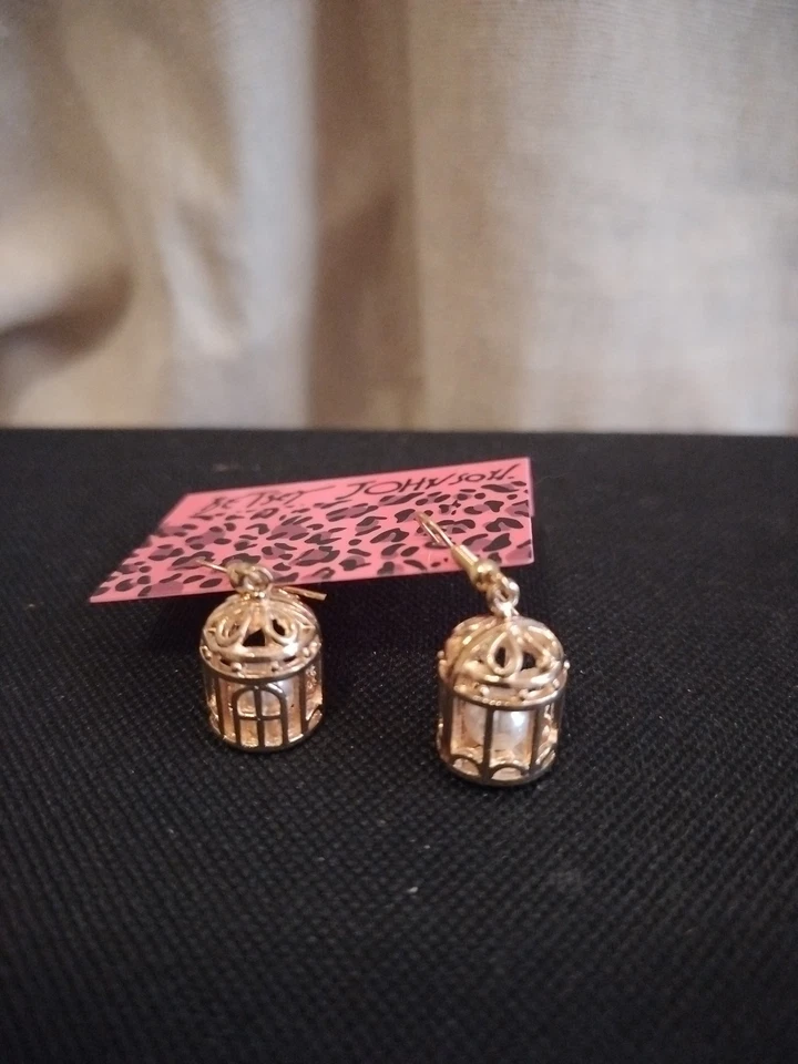Betsey Johnson Bird Cage Dangle Earrings Faux Pearl Inside Dainty Mini  - Image 3 of 4