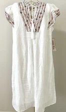 Indigo Rose Boho Woven Peasant Mini Dress Ivory Brown Pink Floral M Medium NEW