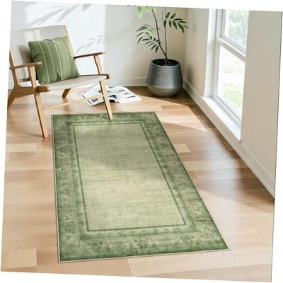  3x5 Green Washable Rug, Modern Bordered Small Rugs for Entryway, Non-Slip 